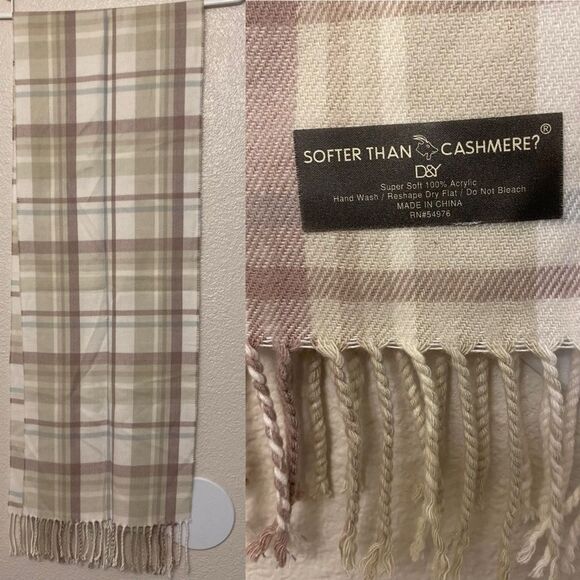 D&Y Softer than CASHMERE FEEL  women mans plaid mauve muted Scarf 11.5x72 - Picture 1 of 7